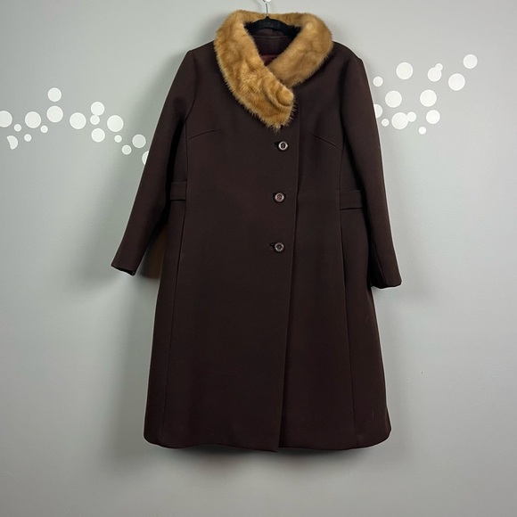 Vintage Stevens Forstmann Brown Coat Mink Fur Collar Union Made ILGWU 1950 1960 - Picture 1 of 13